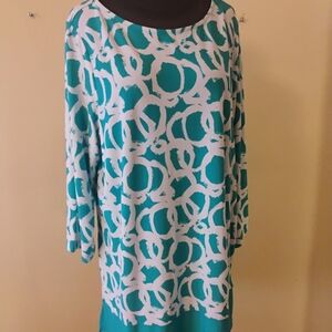 Susan Graver Turquoise and White Patterned Long Sleeve Dress